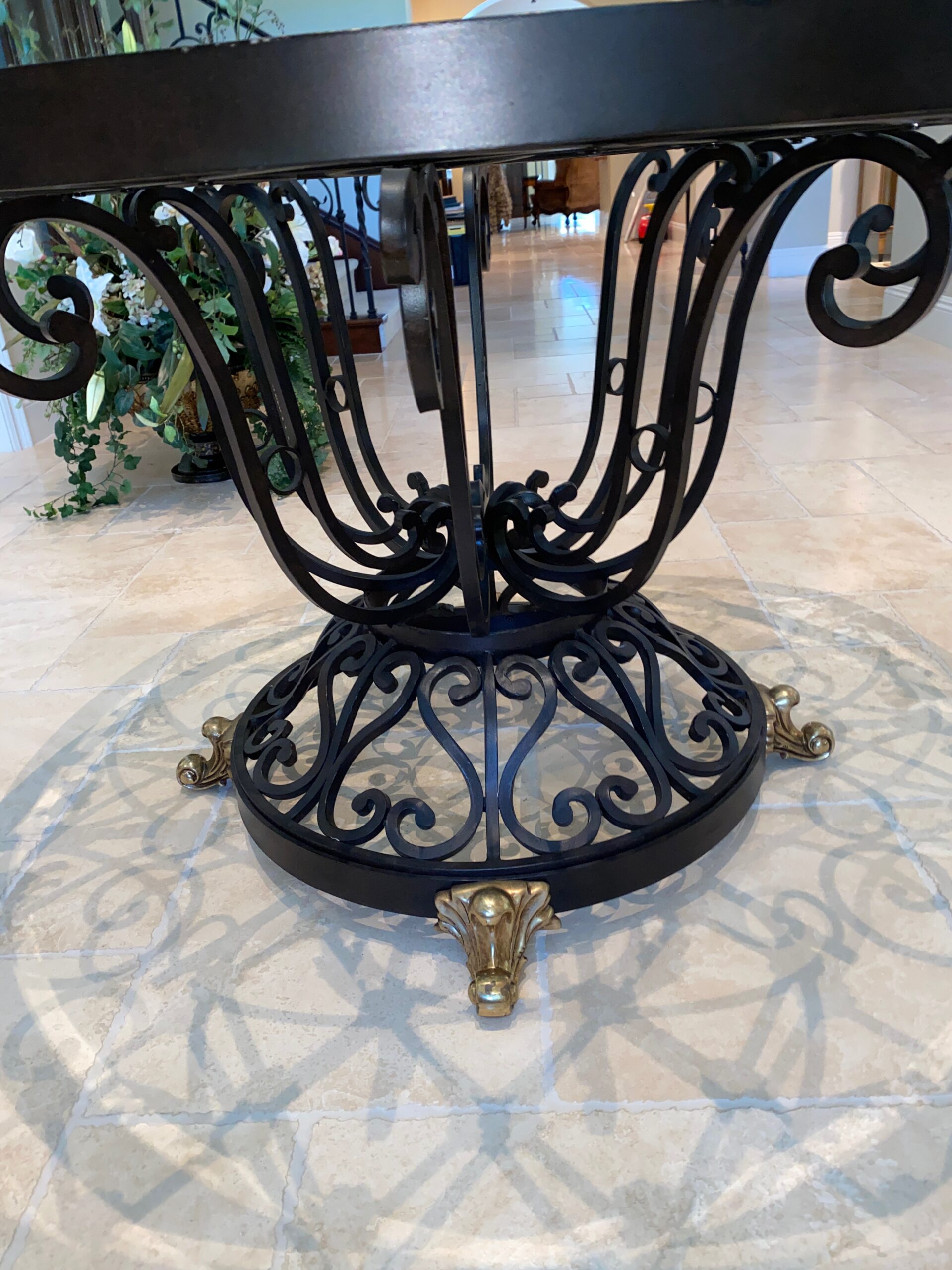 Ornate Foyer table / entry table with round glass top and curly iron